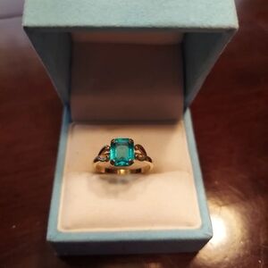 ART DECO RING - 10K GF 55% - 9/16" TEAL STONE - EUC VINTAGE Y2K!